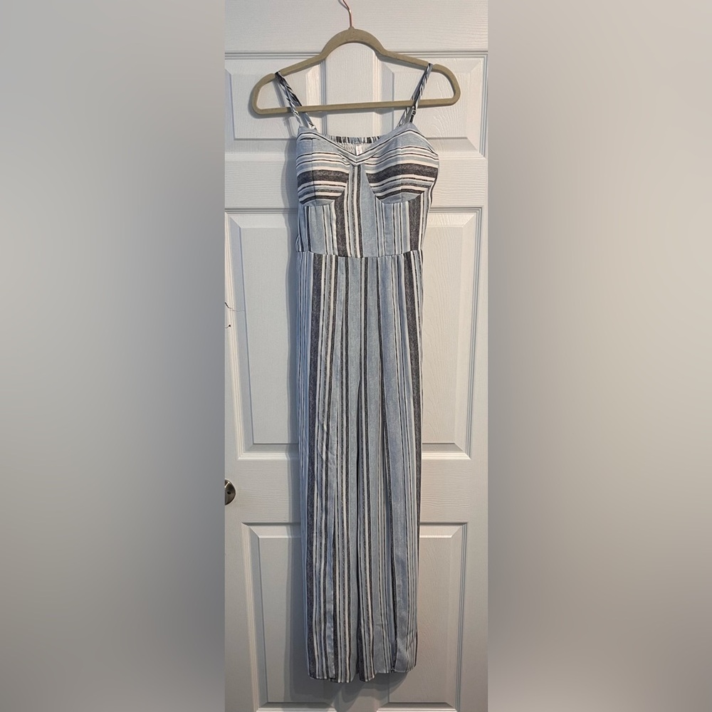 Xhilaration blue/white/gray striped jumpsuit